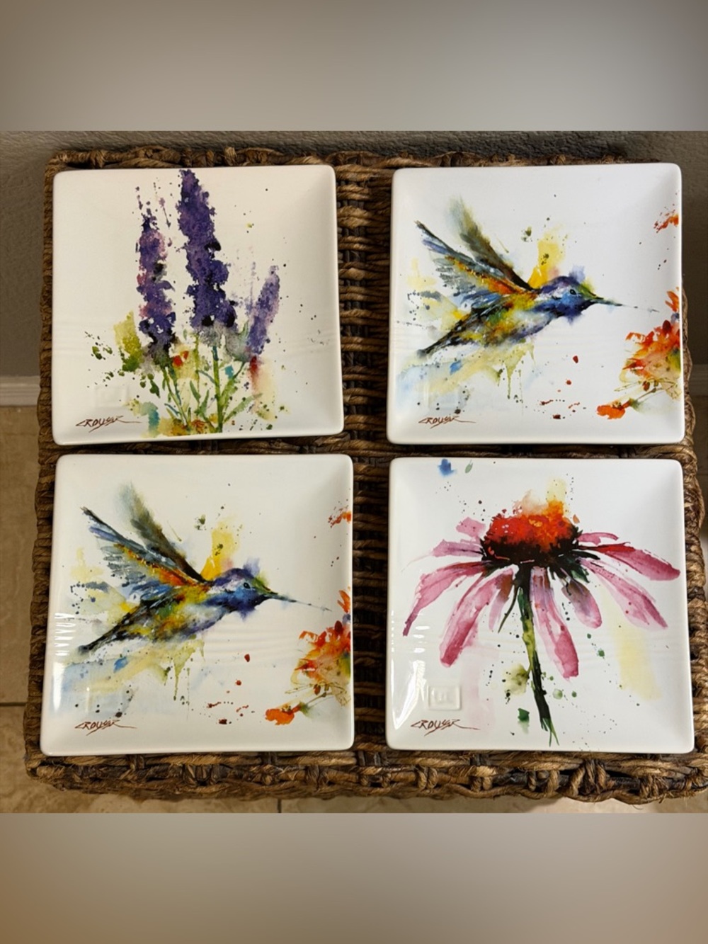 Set Of 4 Dean Crouser Iris Snack Plates 7" x 7" Spring Flowers Birds Watercolor